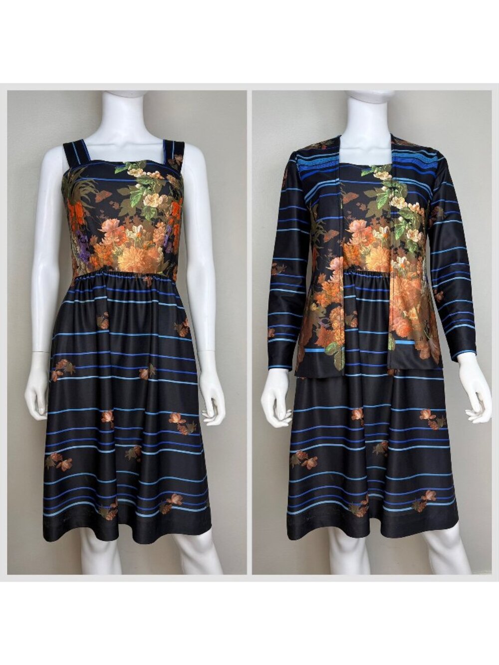 Vintage 1970s Black Floral Sleeveless Dress with Matching Top, Vivente! Size XS
